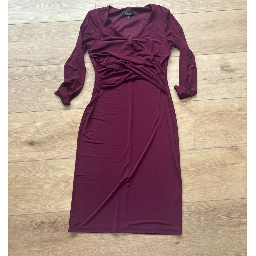 Connected Apparel Womens Burgundy Faux Wrap V-Neck Long Sleeve Sheath Dress Sz 6